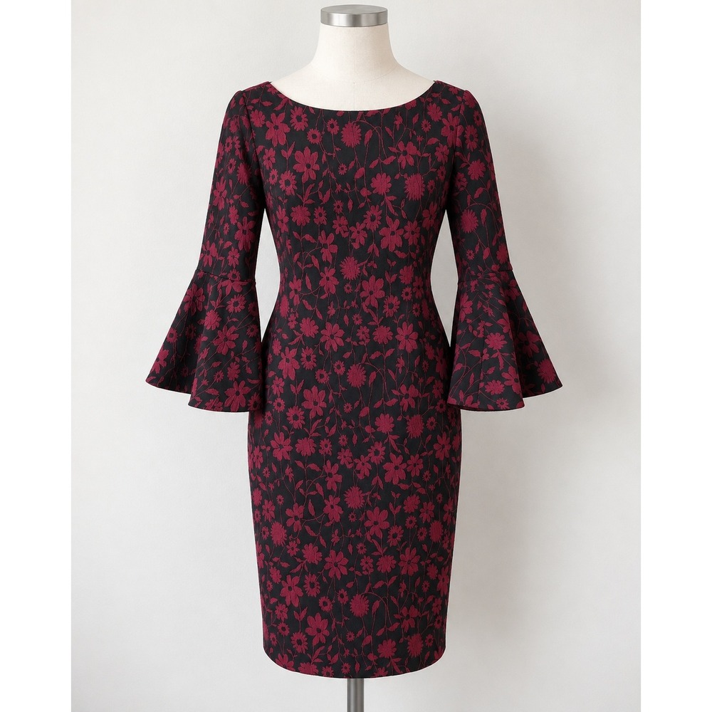 Calvin Klein Burgundy Black Floral Jacquard Bell Sleeve Sheath Dress Size 2